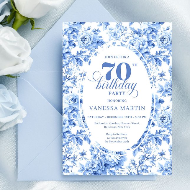 Convites Dusty Blue Floral 70th Birthday Invitation (Dusty Blue Floral 70th Birthday Invitation)