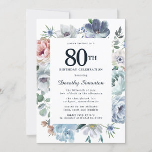 Convites Dusty Blue Floral 80 Birthday