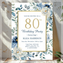 Convites Dusty Blue Floral 80 Birthday