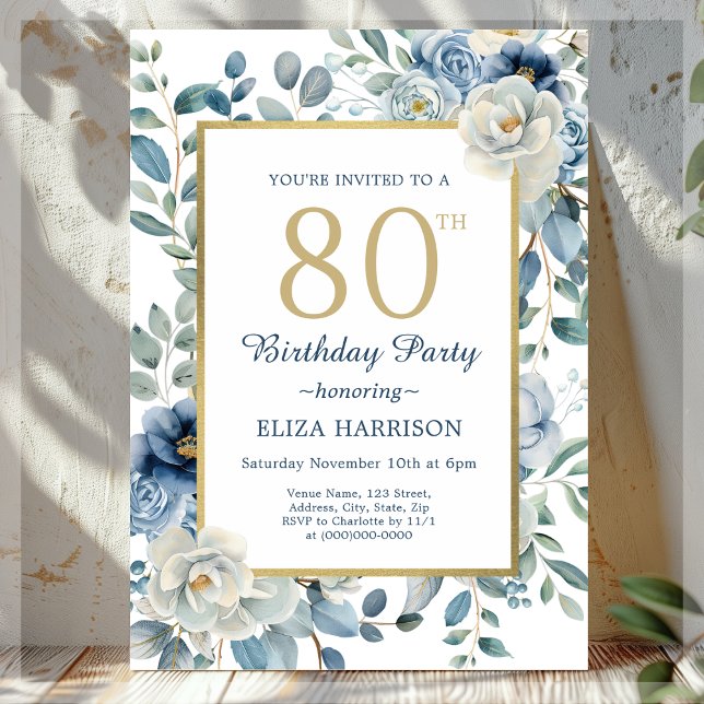 Convites Dusty Blue Floral 80 Birthday (Criador carregado)