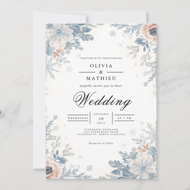 Convites Dusty Blue Floral Accent Weding (Frente)