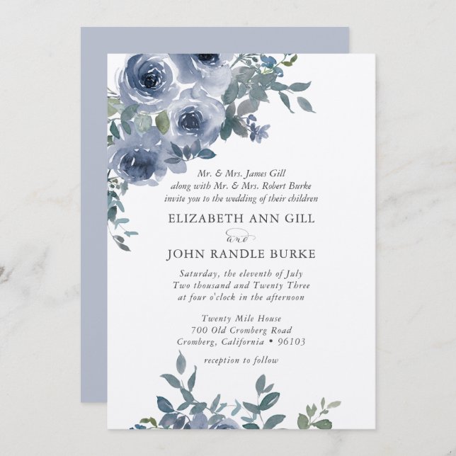 Convites Dusty Blue Floral and Grey Formal Wedding Invite (Frente/Verso)