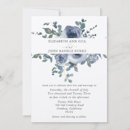 Convites Dusty Blue Floral and Grey Wedding Invitation