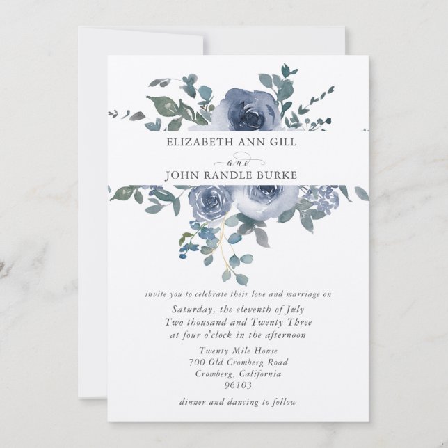 Convites Dusty Blue Floral and Grey Wedding Invitation (Frente)