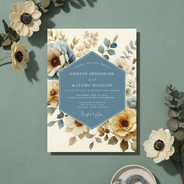 Convites Dusty Blue Floral Autumn Wedding (Criador carregado)
