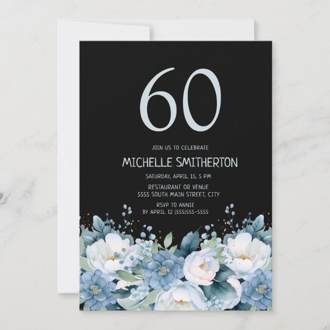 Convites Dusty Blue Floral Black 60th Birthday (Frente)