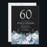 Convites Dusty Blue Floral Black 60th Birthday<br><div class="desc">Azul poeirento e floral branco no convite de aniversário 60º preto. Entre em contato comigo para obter assistência com a personalização ou para solicitar correspondência ou coordenar produtos Zazzle</div>