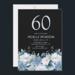 Convites Dusty Blue Floral Black 60th Birthday<br><div class="desc">Azul poeirento e floral branco no convite de aniversário 60º preto. Entre em contato comigo para obter assistência com a personalização ou para solicitar correspondência ou coordenar produtos Zazzle</div>