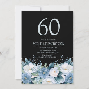 Convites Dusty Blue Floral Black 60th Birthday