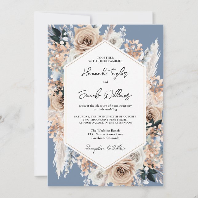 Convites Dusty Blue Floral Boho Casamento QR Código RSVP (Frente)