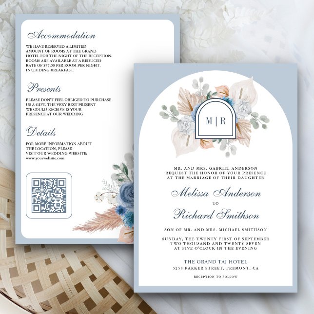 Convites Dusty Blue Floral Boho Pampas Código QR Casamento (Criador carregado)