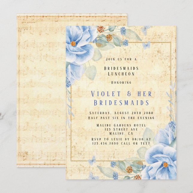 Convites Dusty Blue Floral Bridesmaids Musical Luncheon (Frente/Verso)