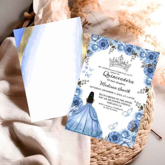 Convites Dusty Blue Floral Butterfly Girl Quinceanera (Criador carregado)
