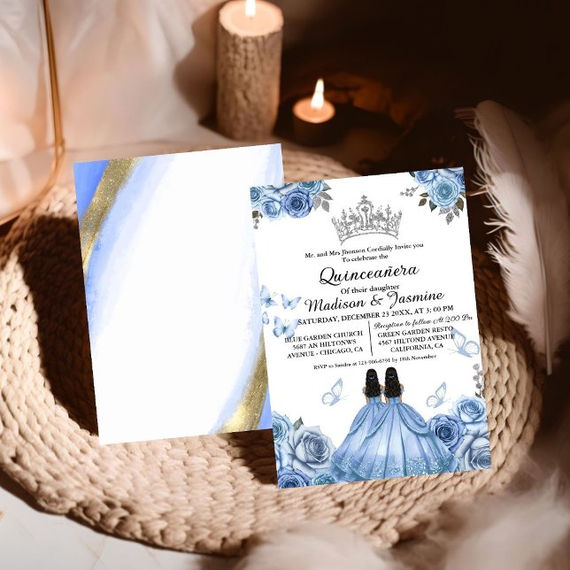 Convites Dusty Blue Floral Butterfly Twin Quinceanera (Criador carregado)