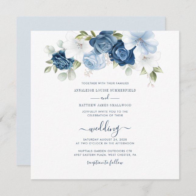 Convites Dusty Blue Floral Casamento (Frente/Verso)