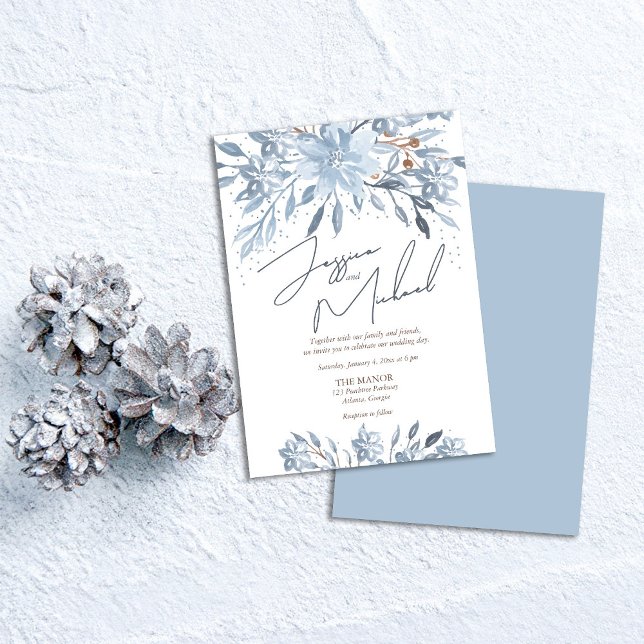 Convites Dusty Blue Floral Chic Script Tema de inverno Casa (Criador carregado)