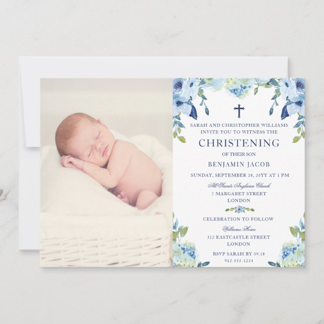Convites Dusty Blue Floral com Photo Christening (Frente)