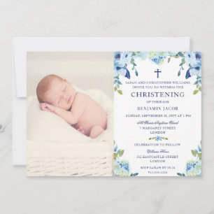 Convites Dusty Blue Floral com Photo Christening