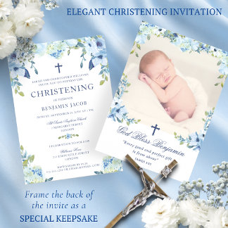 Convites Dusty Blue Floral com Photo Christening