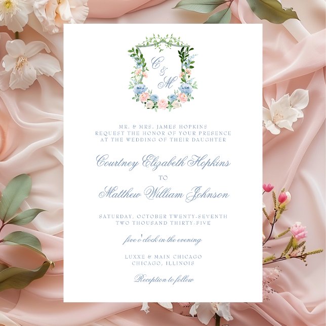 Convites Dusty Blue Floral Crest Casamento (Criador carregado)