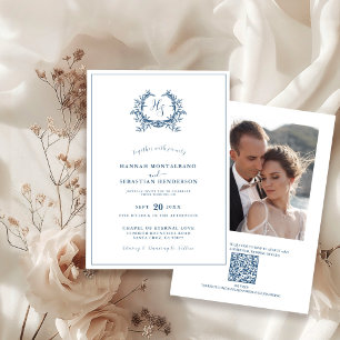 Convites Dusty Blue Floral Crest Código QR Foto de Casament