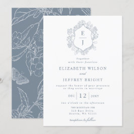 Convites Dusty Blue Floral Crest Monograma Casamento