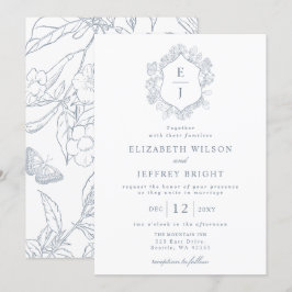 Convites Dusty Blue Floral Crest Monograma Casamento