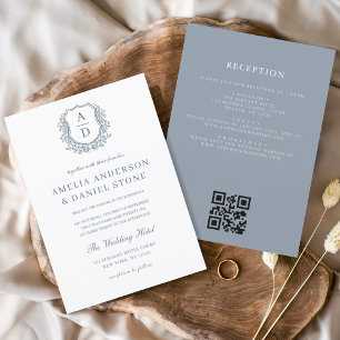 Convites Dusty Blue Floral Crest Monograma Casamento Código
