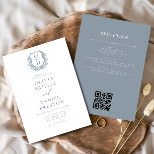 Convites Dusty Blue Floral Crest Monograma Casamento Código