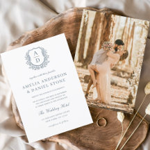 Dusty Blue Floral Crest Monograma Casamento Elegan