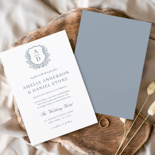 Convites Dusty Blue Floral Crest Monograma Casamento Elegan