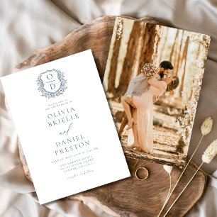 Convites Dusty Blue Floral Crest Monograma Casamento Elegan