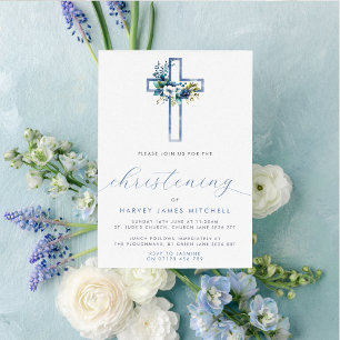 Convites Dusty Blue Floral Cross Baby Christening