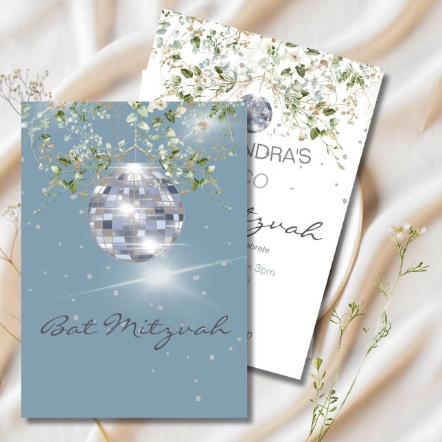 Convites Dusty Blue Floral Disco Ball Mitzvah (Criador carregado)