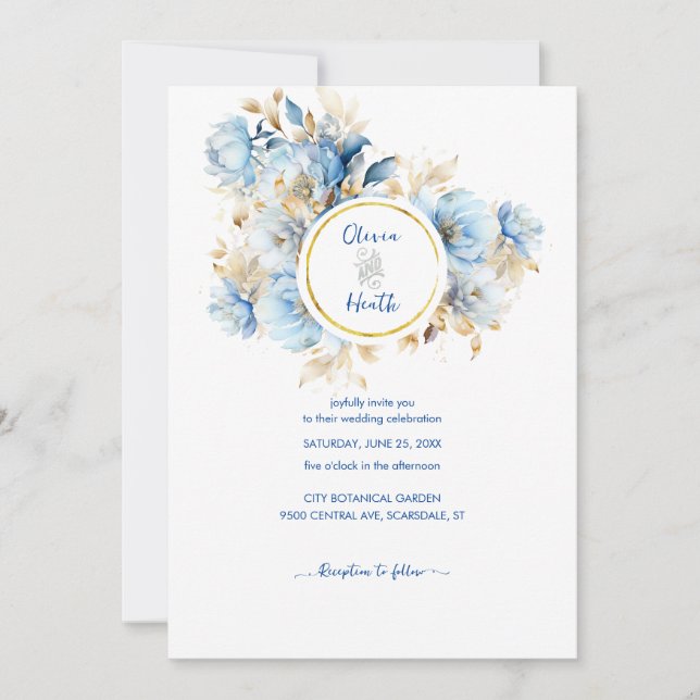 Convites Dusty Blue Floral Dourado Casamento (Frente)