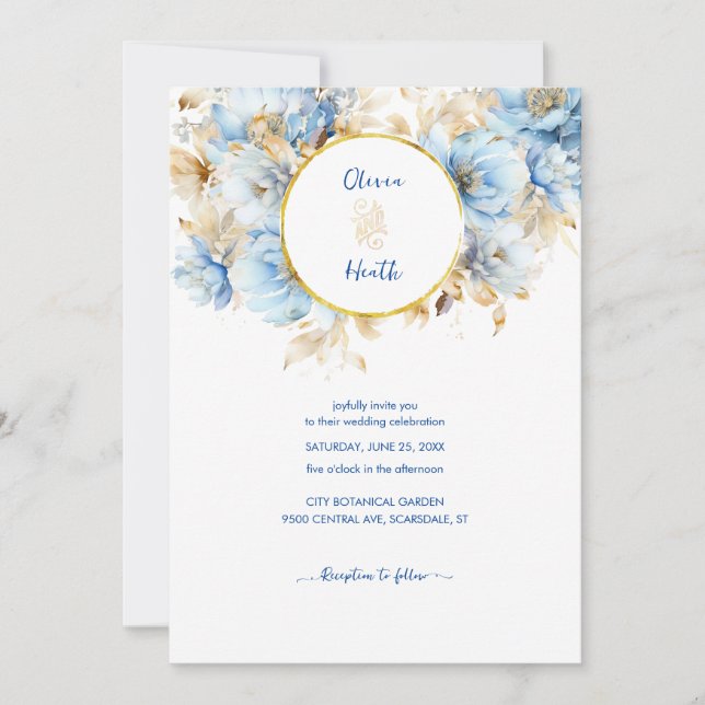 Convites Dusty Blue Floral Dourado Casamento (Frente)