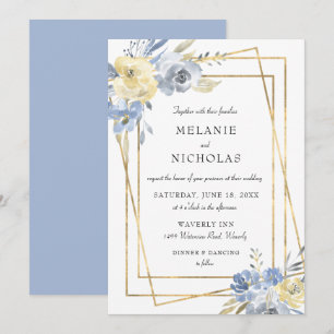 Convites Dusty Blue Floral Dourado Casamento de Quadros