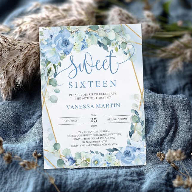 Convites Dusty Blue Floral Dourado Geométrico Doce Dezessei (Dusty Blue Floral Gold Geometric Sweet Sixteen Invitation)