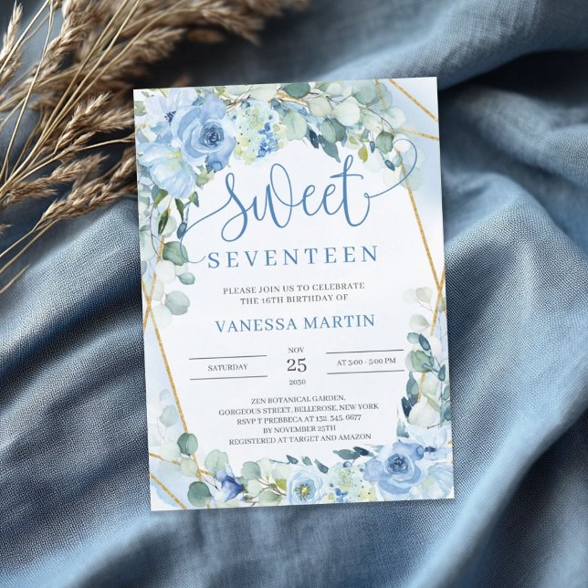 Convites Dusty Blue Floral Dourado Geométrico Doze (Dusty Blue Floral Gold Geometric Sweet seventeen Invitation)