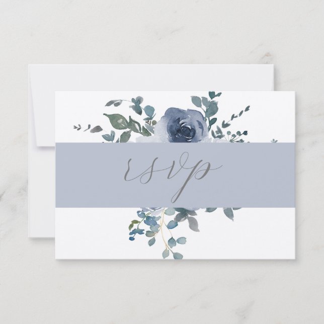 Convites Dusty Blue Floral e RSVP de Casamento de Cinzas (Frente)