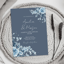 Convites Dusty Blue Floral Elegant Script Wedding