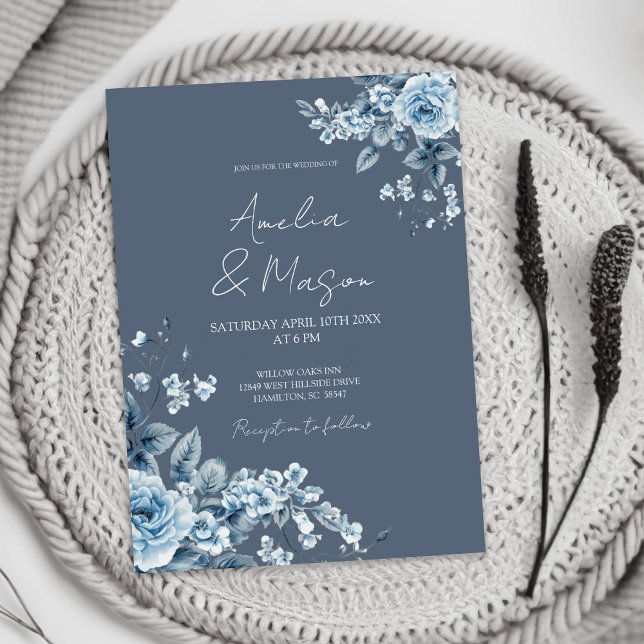 Convites Dusty Blue Floral Elegant Script Wedding  (Dusty Blue Floral Elegant Script Wedding Invitation)