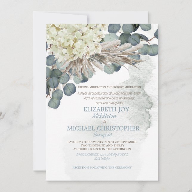 Convites Dusty Blue Floral Eucalyptus deixa casamento legan (Frente)
