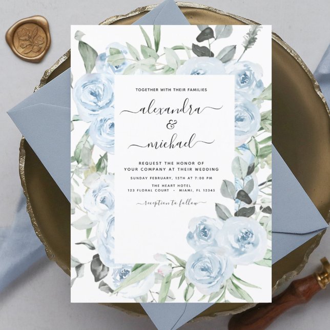 Convites Dusty Blue Floral Eucalyptus Greenery Wedding Invi (Criador carregado)