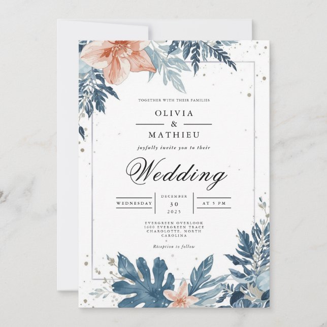 Convites Dusty Blue Floral Frame Wedding (Frente)