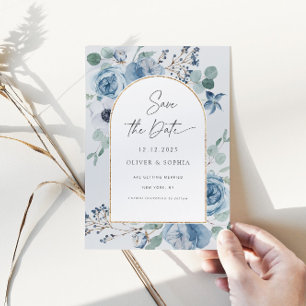 Convites Dusty blue floral gold geométrico Salvar a data
