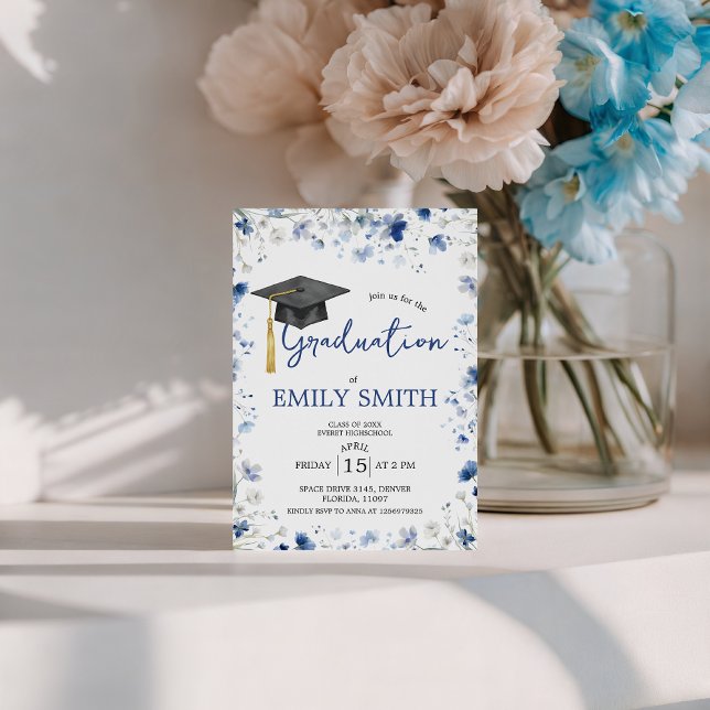 Convites Dusty Blue Floral Graduation Party Invite (Criador carregado)
