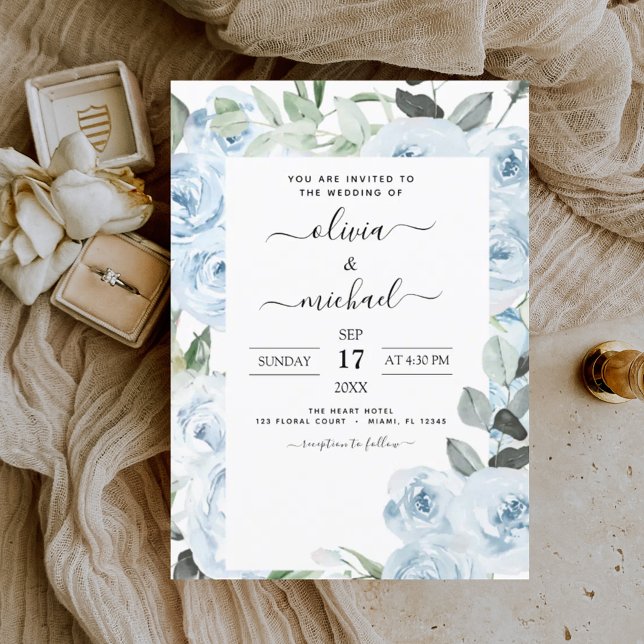Convites Dusty Blue Floral Greenery Casamento (Criador carregado)