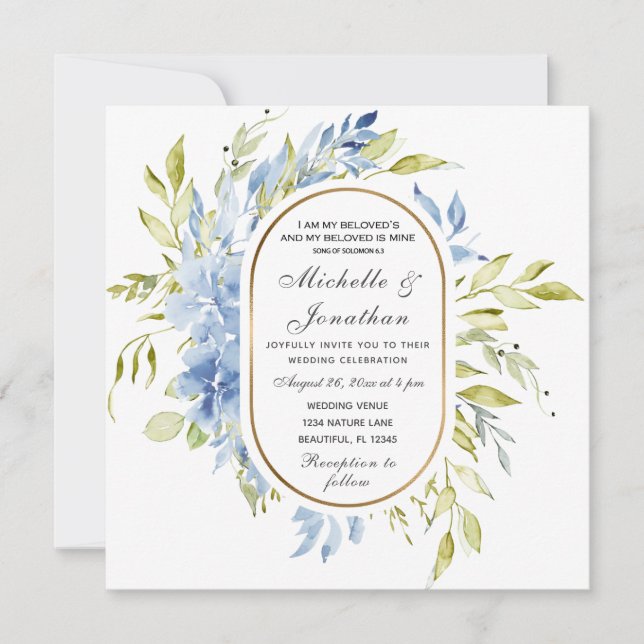 Convites Dusty Blue Floral Greenery Casamento Cristão (Frente)