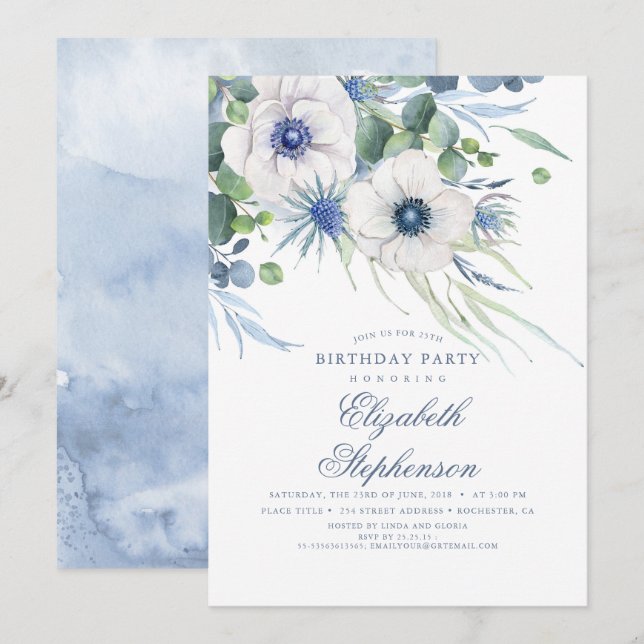 Convites Dusty Blue Floral Greenery Elegante Aniversário (Frente/Verso)